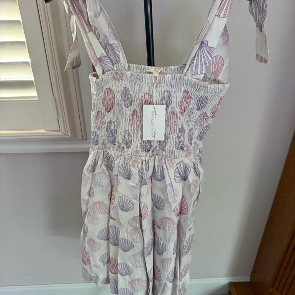Linen Blend Shell Print Dress with Tie Straps